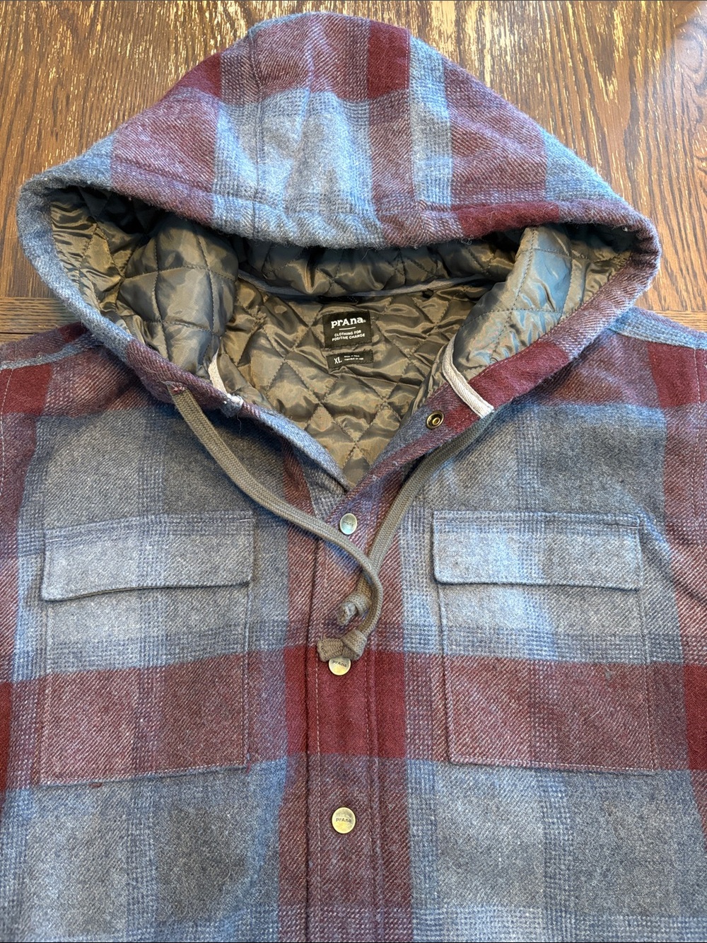 Prana Men's Hooded Plaid Jacket in Burgundy and Gray